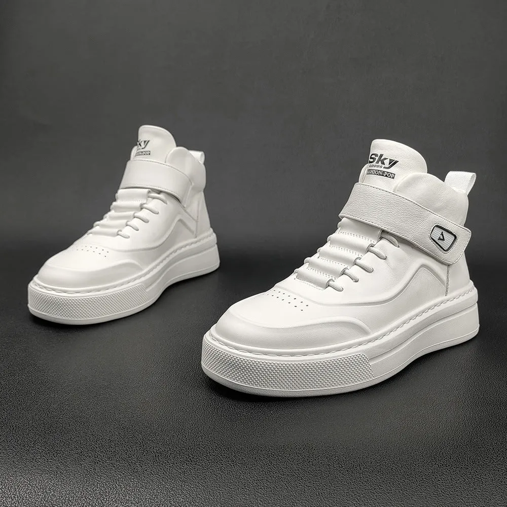 Men Minimalist Pure White High Top Leather Casual Shoes