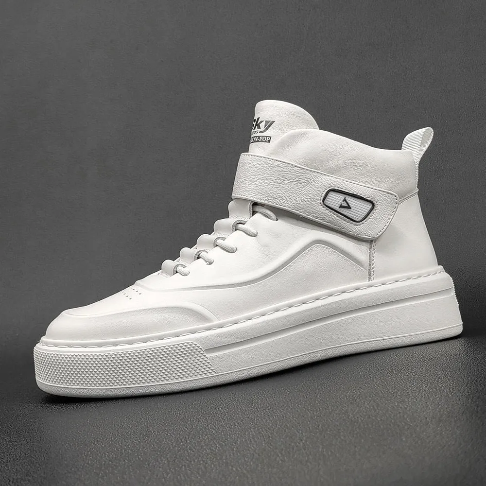 Men Minimalist Pure White High Top Leather Casual Shoes