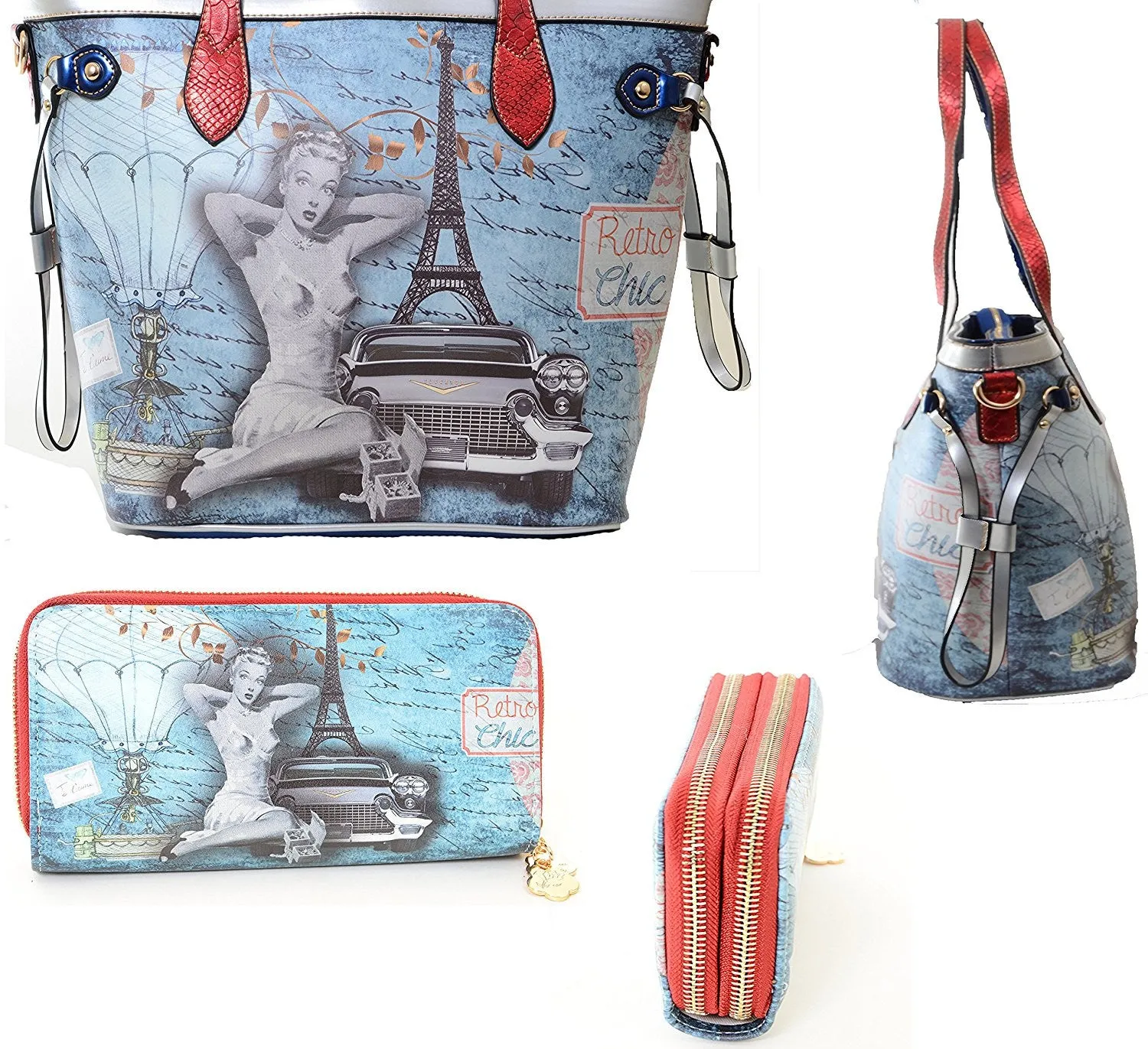 Retro Chic Eiffel Tower Pin-up Girl Vegan Leather Handbag Purse Wallet SET