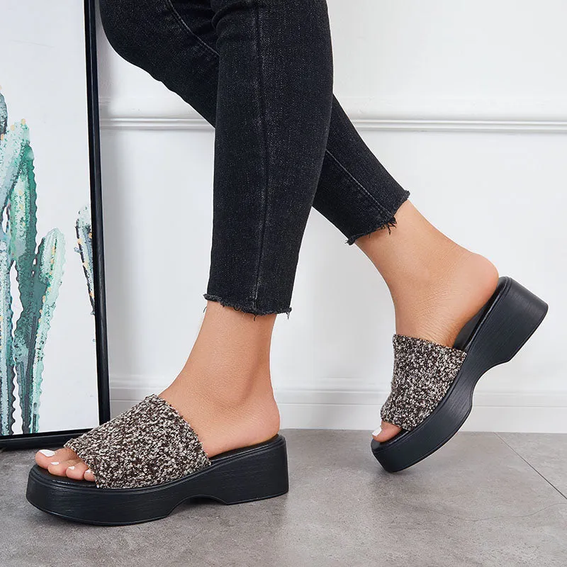 Sohiwoo Women Black Open Toe Flatform Slides Wedge Heel Sandals