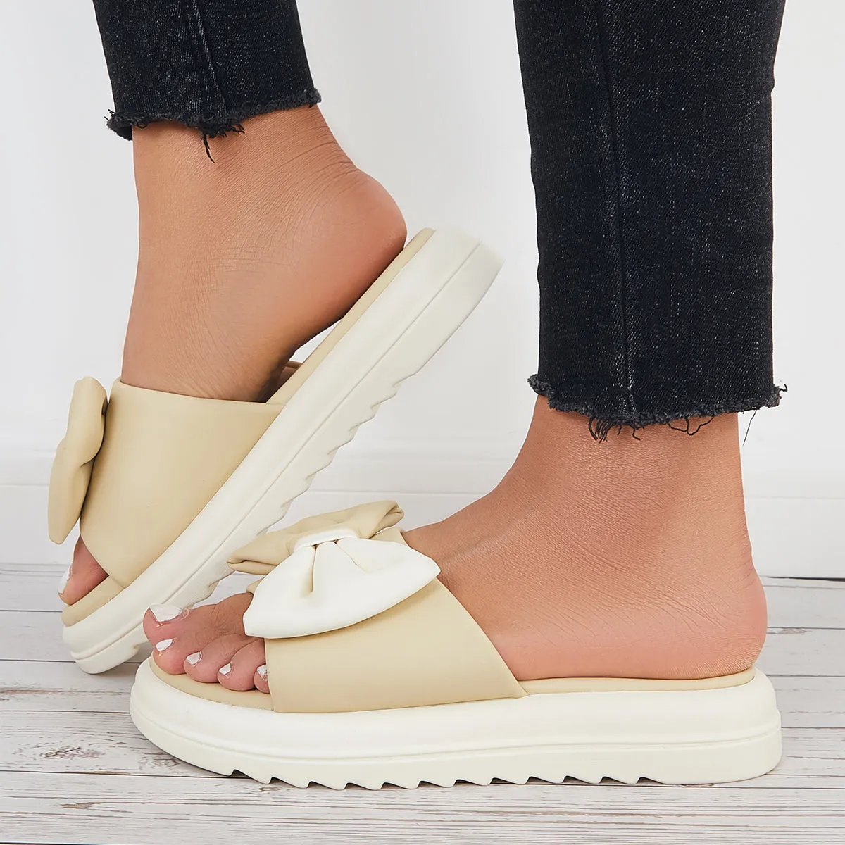 Sohiwoo Women Bowknot Platform Slide Sandals Thick Sole Slippers