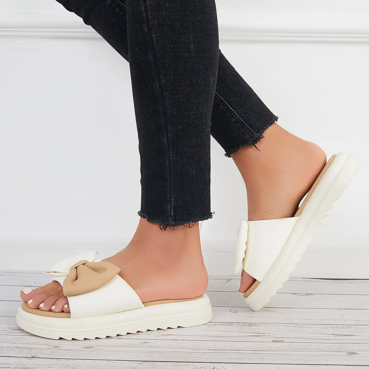 Sohiwoo Women Bowknot Platform Slide Sandals Thick Sole Slippers