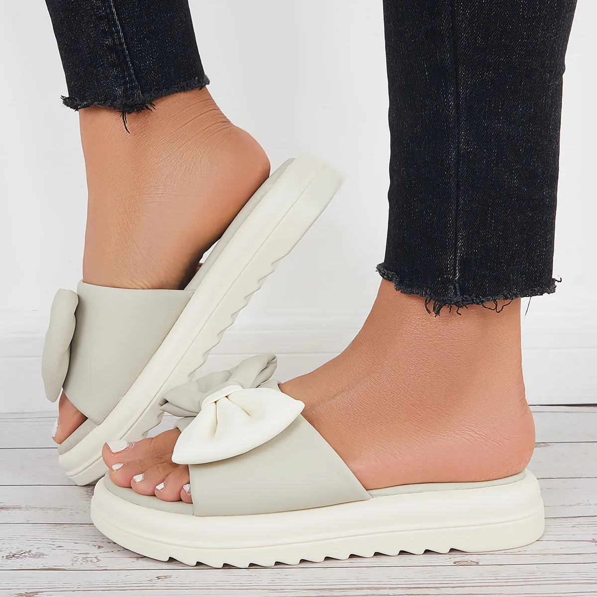 Sohiwoo Women Bowknot Platform Slide Sandals Thick Sole Slippers