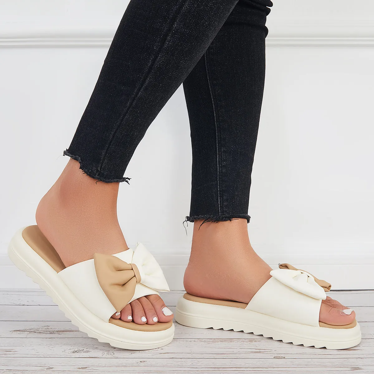 Sohiwoo Women Bowknot Platform Slide Sandals Thick Sole Slippers