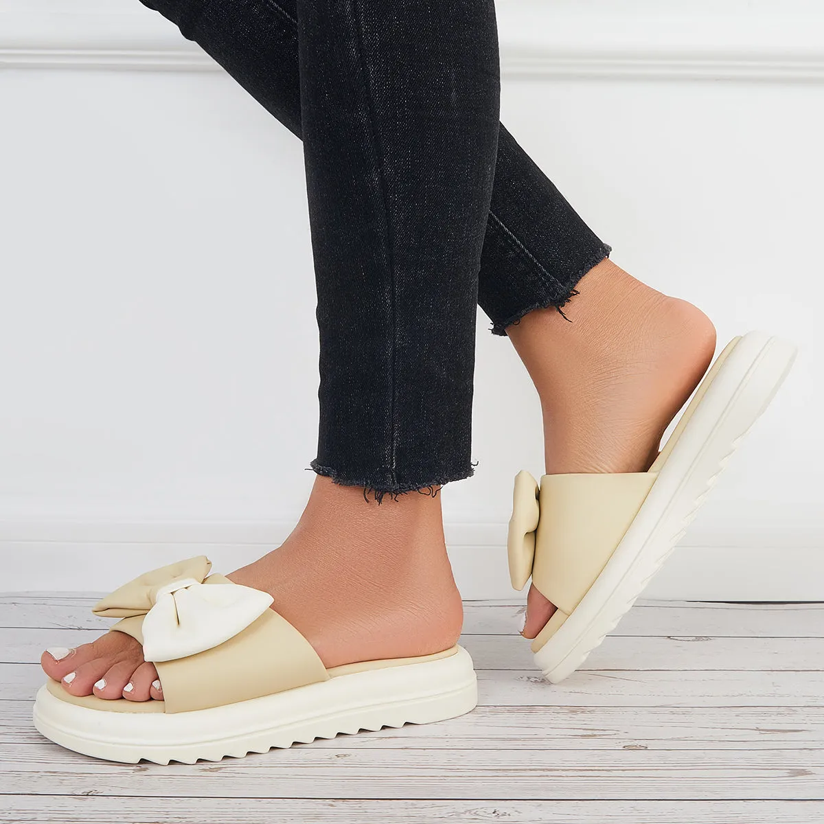 Sohiwoo Women Bowknot Platform Slide Sandals Thick Sole Slippers