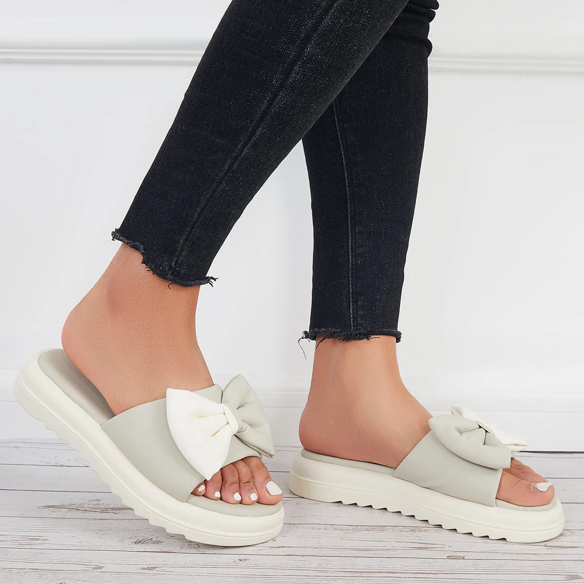 Sohiwoo Women Bowknot Platform Slide Sandals Thick Sole Slippers