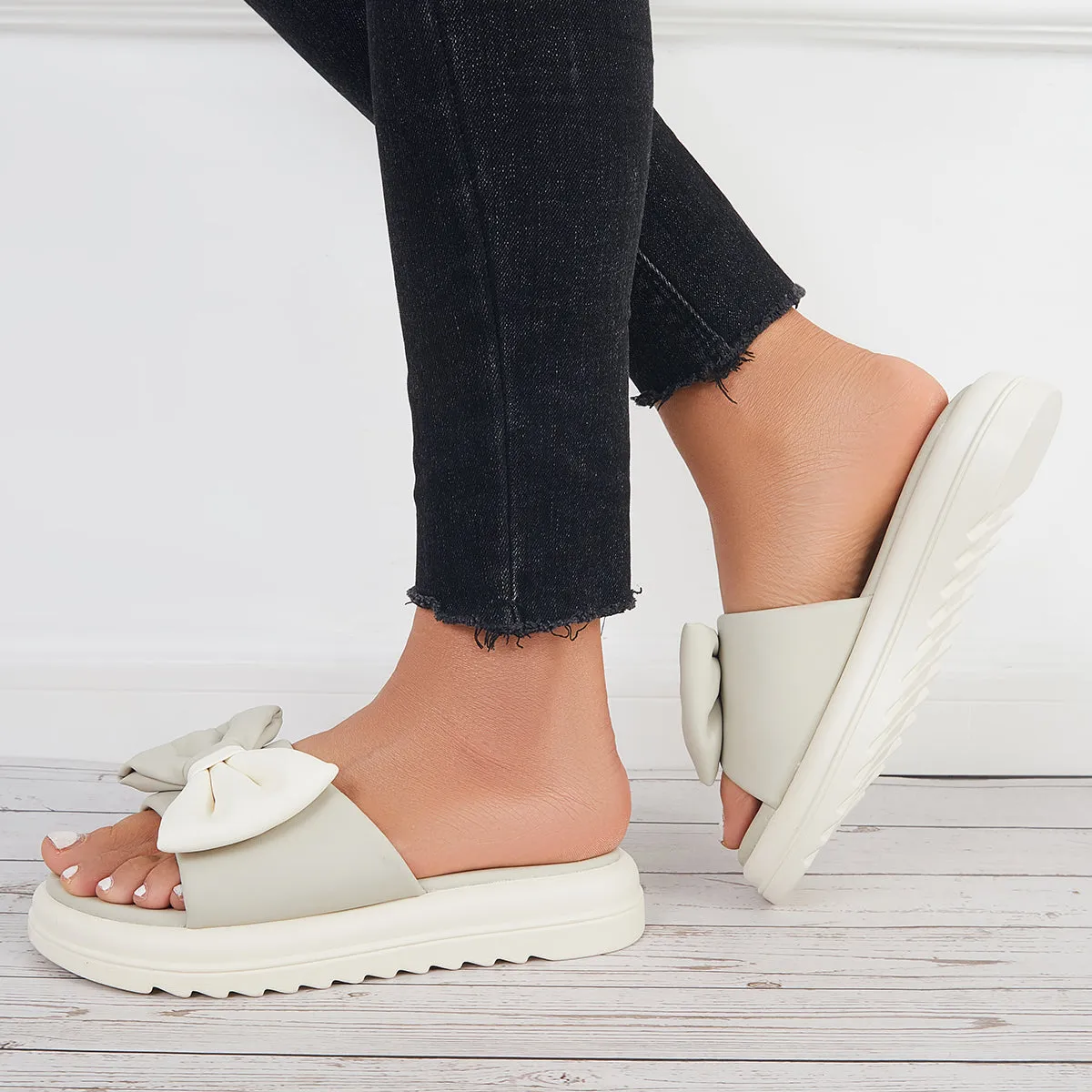 Sohiwoo Women Bowknot Platform Slide Sandals Thick Sole Slippers