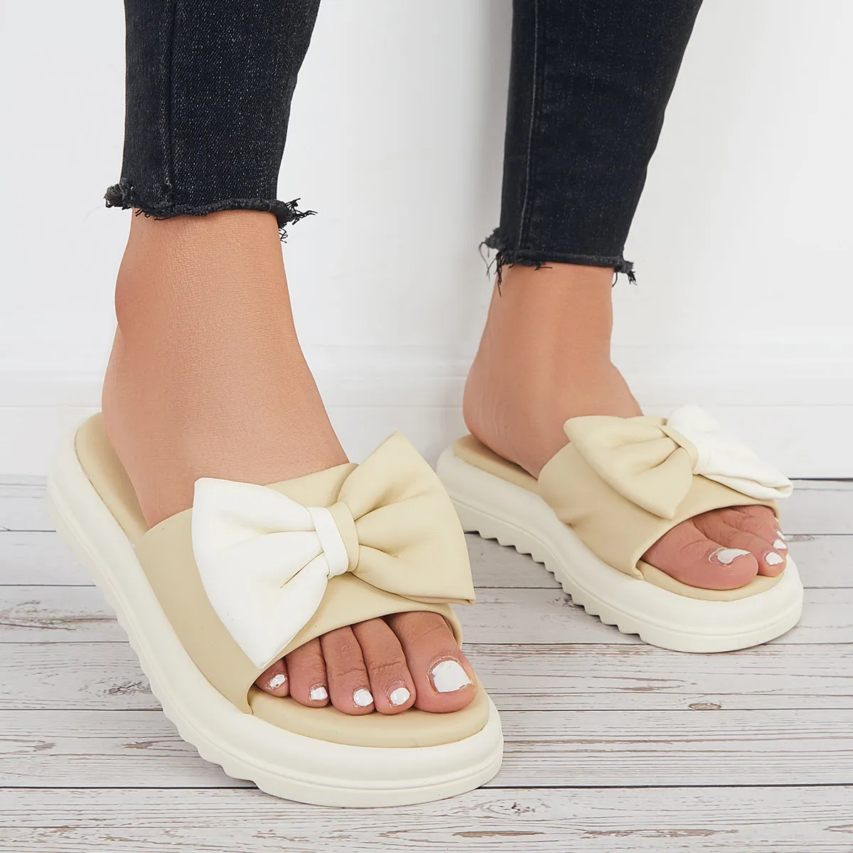 Sohiwoo Women Bowknot Platform Slide Sandals Thick Sole Slippers