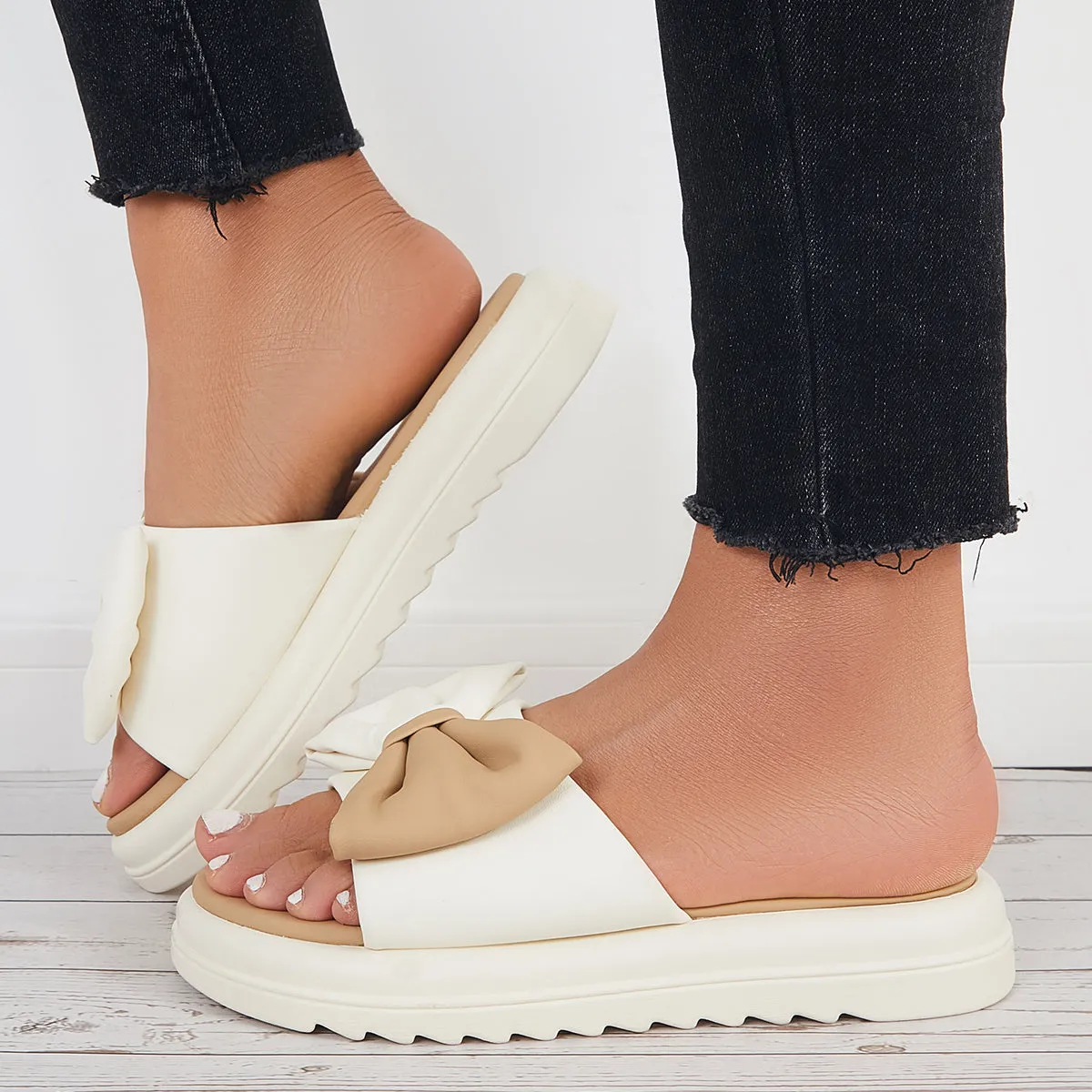 Sohiwoo Women Bowknot Platform Slide Sandals Thick Sole Slippers
