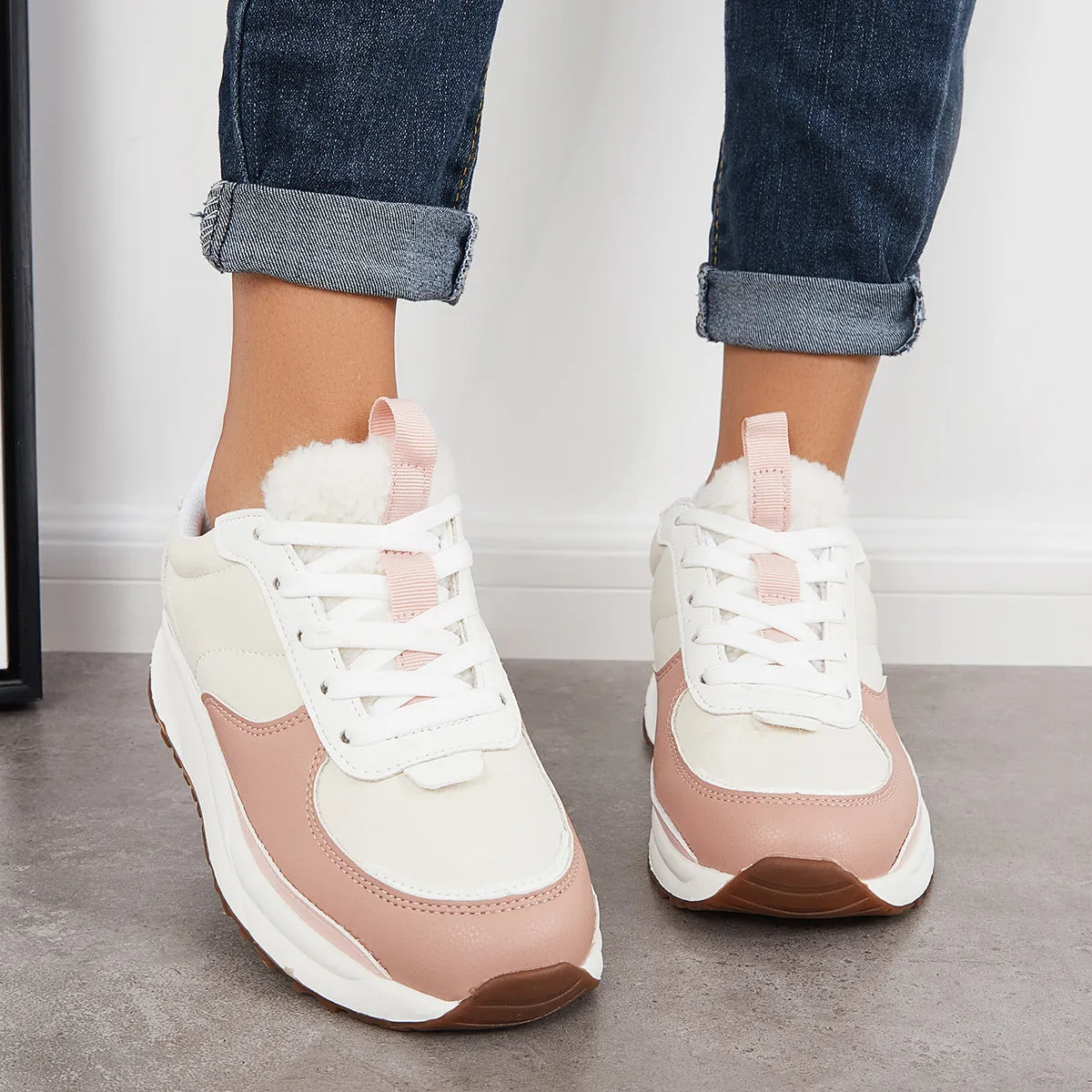 Sohiwoo  Women Comfy Sneakers Colorblock Lace Up Platform Trainer Running Shoes
