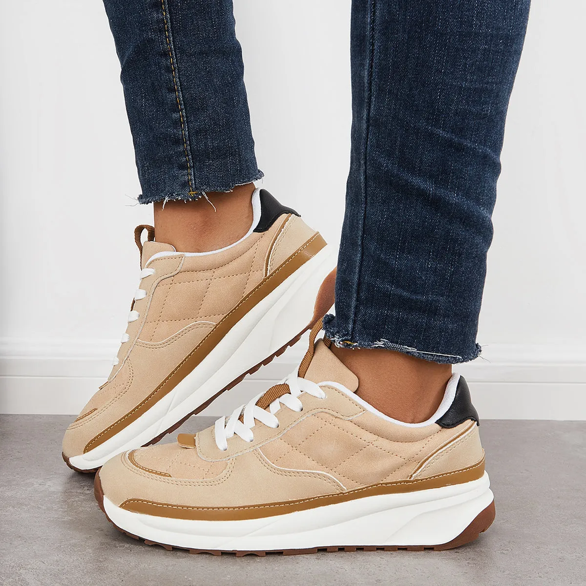 Sohiwoo  Women Comfy Sneakers Colorblock Lace Up Platform Trainer Running Shoes