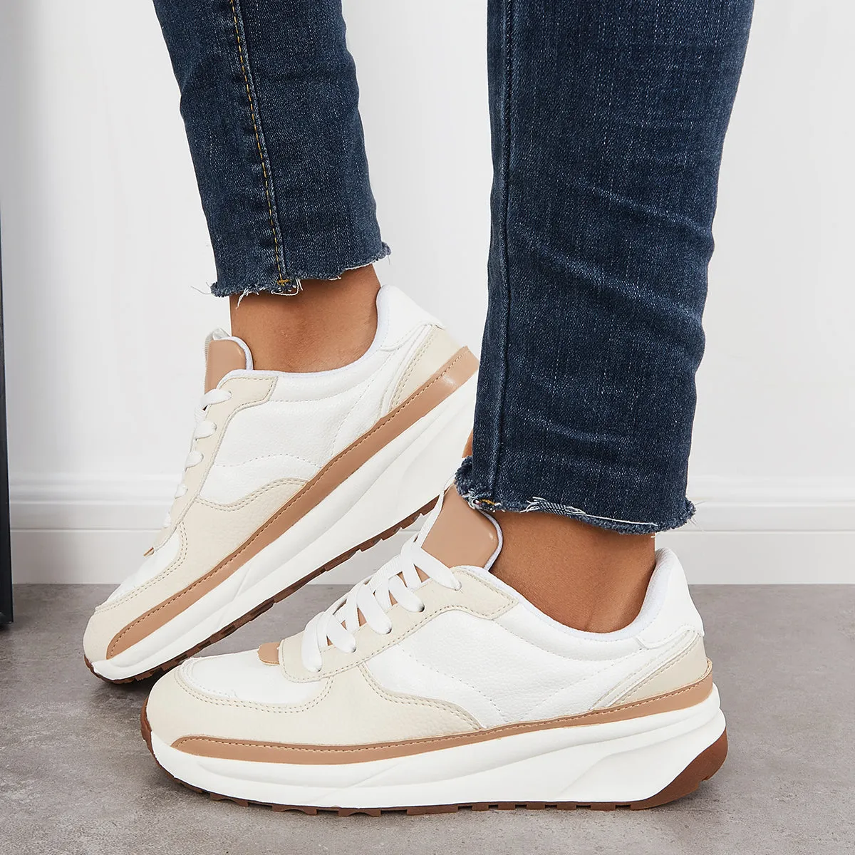 Sohiwoo  Women Comfy Sneakers Colorblock Lace Up Platform Trainer Running Shoes