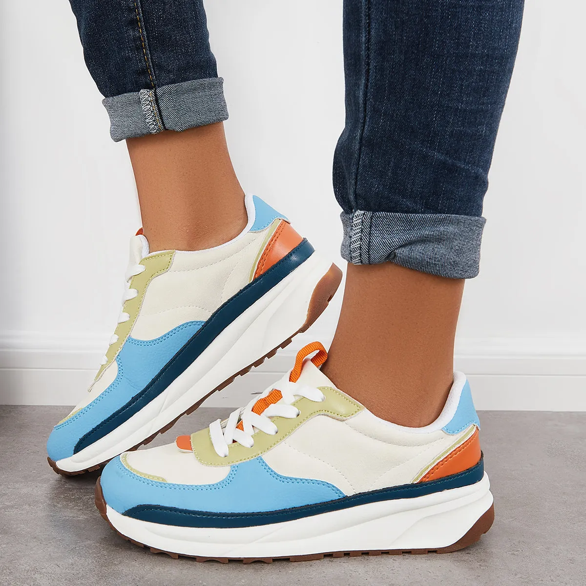 Sohiwoo  Women Comfy Sneakers Colorblock Lace Up Platform Trainer Running Shoes
