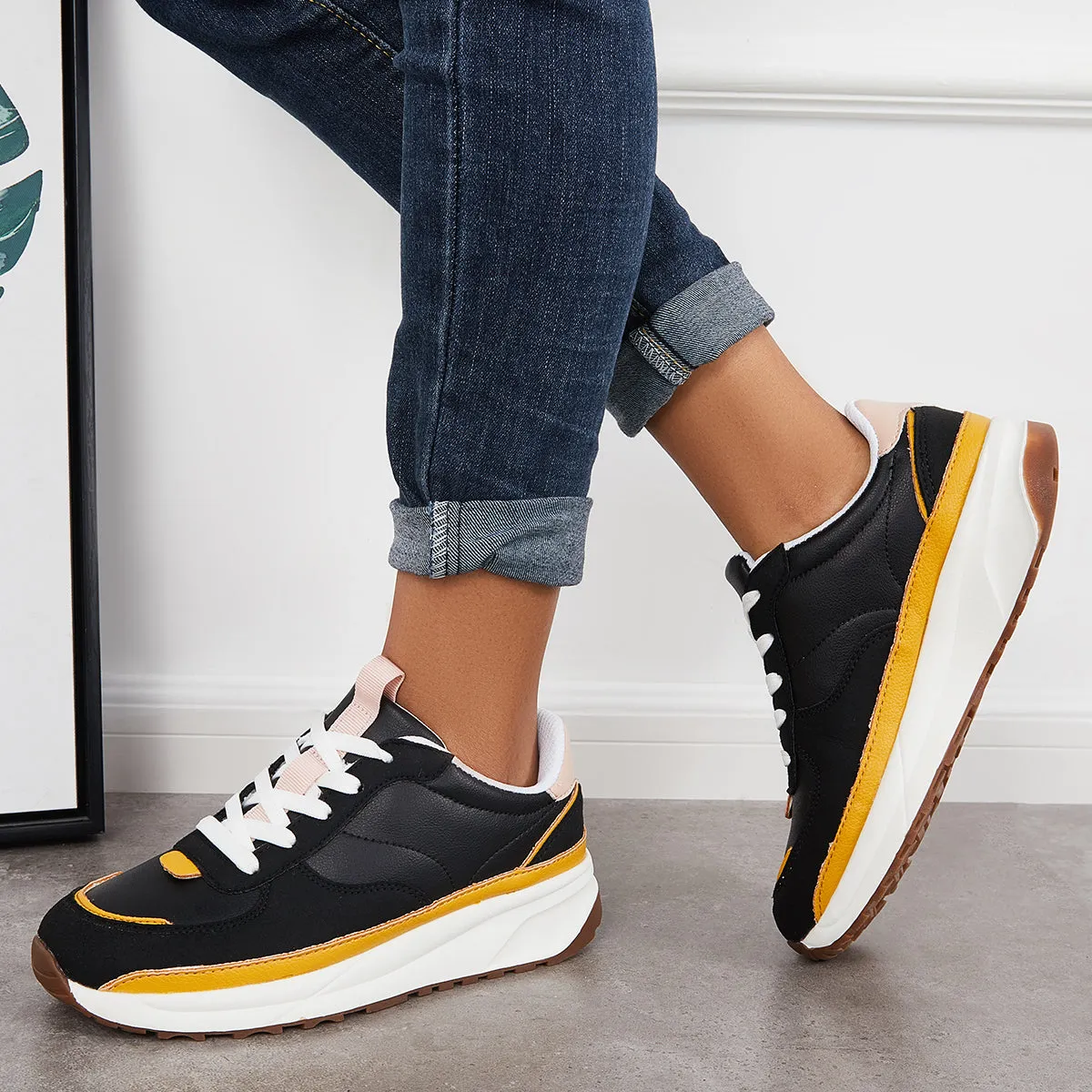 Sohiwoo  Women Comfy Sneakers Colorblock Lace Up Platform Trainer Running Shoes