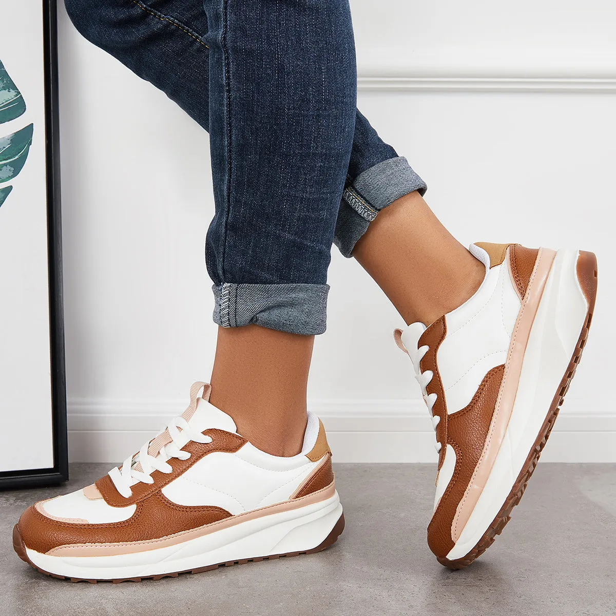 Sohiwoo  Women Comfy Sneakers Colorblock Lace Up Platform Trainer Running Shoes