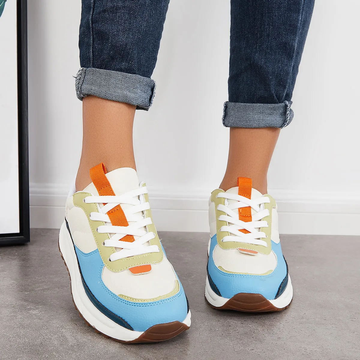 Sohiwoo  Women Comfy Sneakers Colorblock Lace Up Platform Trainer Running Shoes