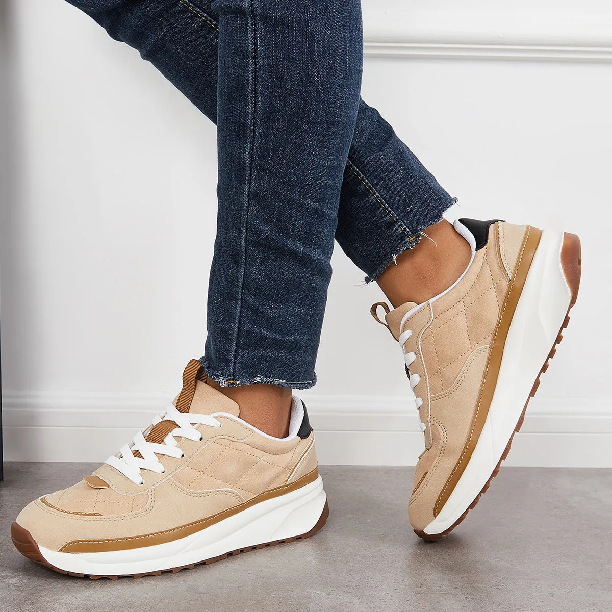 Sohiwoo  Women Comfy Sneakers Colorblock Lace Up Platform Trainer Running Shoes