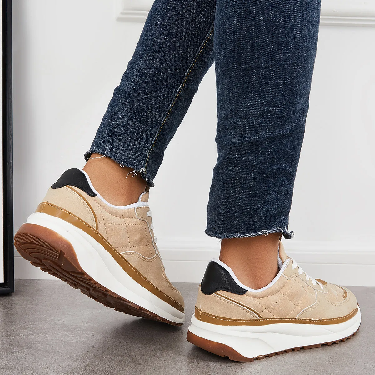 Sohiwoo  Women Comfy Sneakers Colorblock Lace Up Platform Trainer Running Shoes