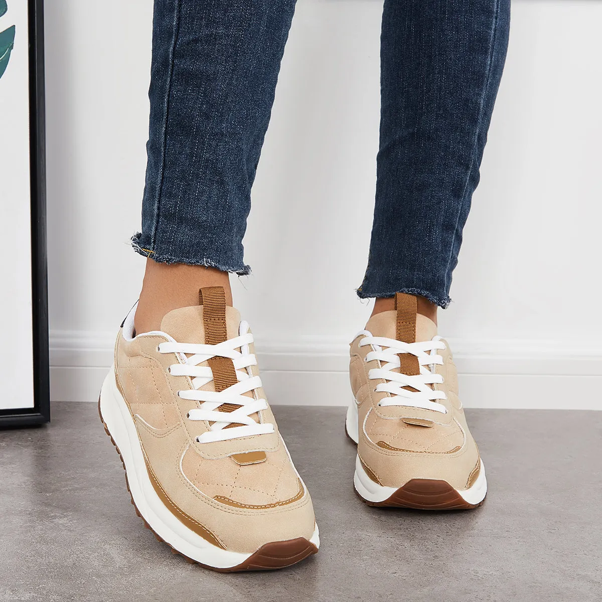 Sohiwoo  Women Comfy Sneakers Colorblock Lace Up Platform Trainer Running Shoes