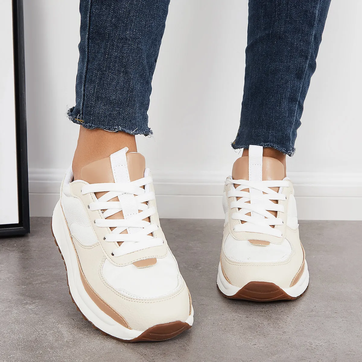 Sohiwoo  Women Comfy Sneakers Colorblock Lace Up Platform Trainer Running Shoes