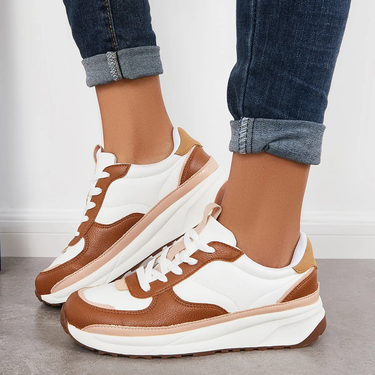Sohiwoo  Women Comfy Sneakers Colorblock Lace Up Platform Trainer Running Shoes