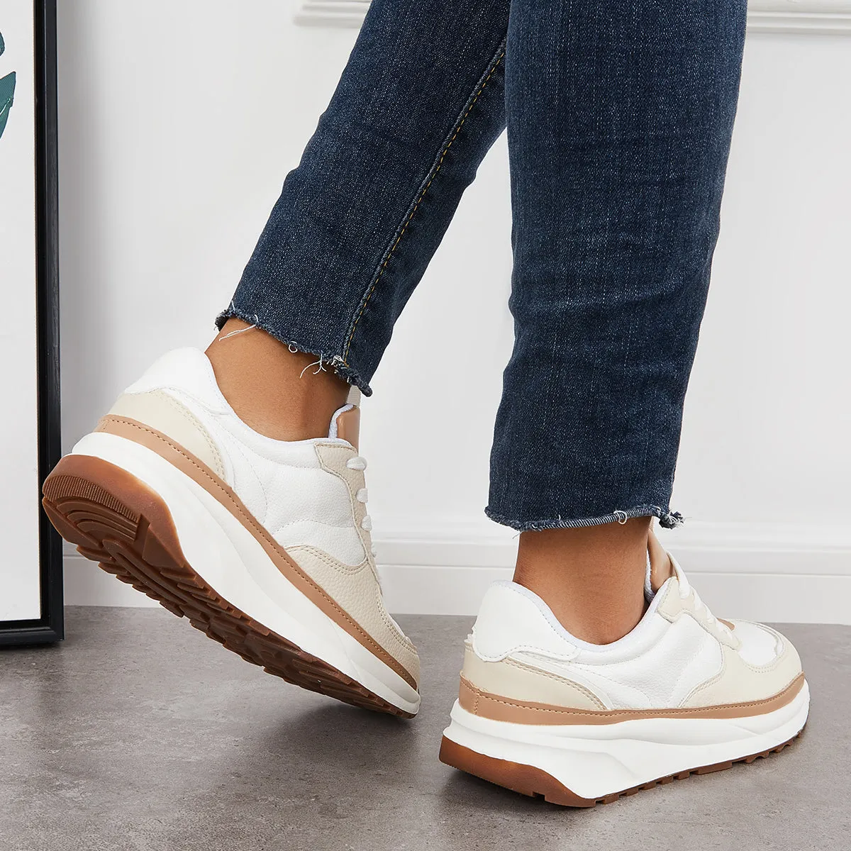 Sohiwoo  Women Comfy Sneakers Colorblock Lace Up Platform Trainer Running Shoes