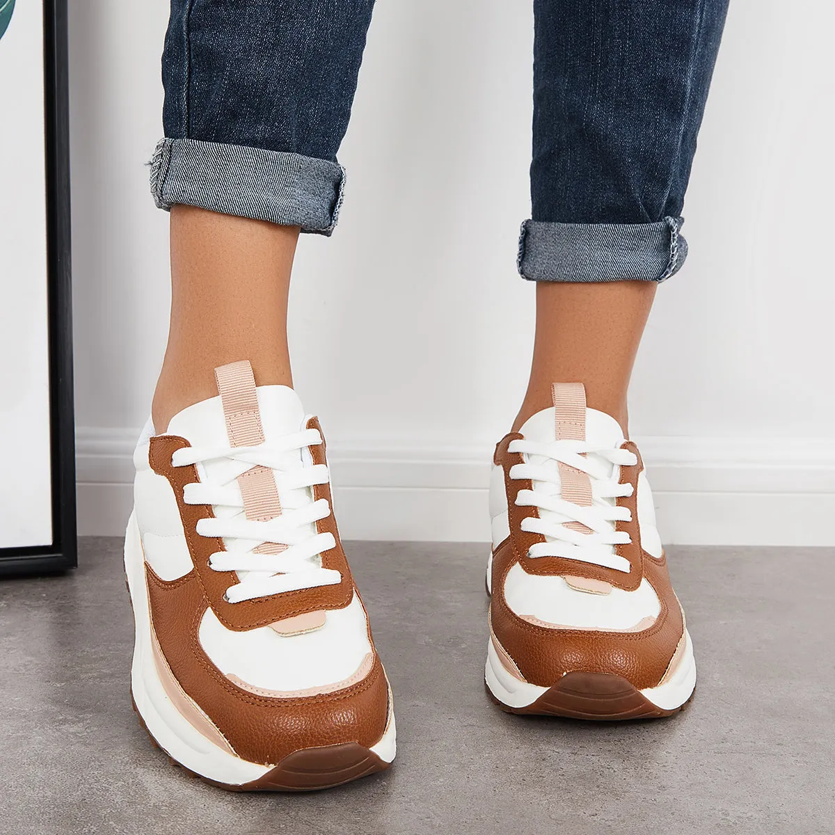 Sohiwoo  Women Comfy Sneakers Colorblock Lace Up Platform Trainer Running Shoes