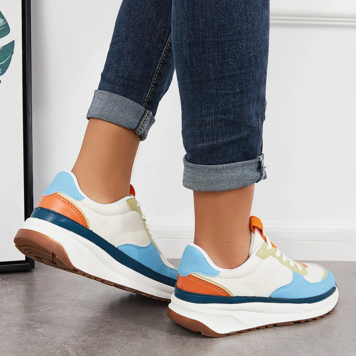 Sohiwoo  Women Comfy Sneakers Colorblock Lace Up Platform Trainer Running Shoes