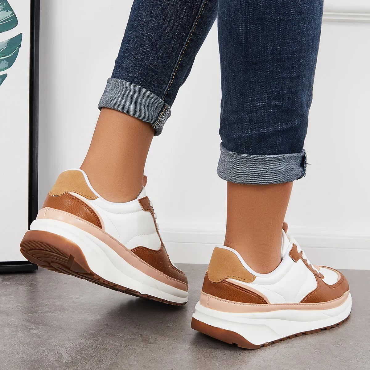 Sohiwoo  Women Comfy Sneakers Colorblock Lace Up Platform Trainer Running Shoes