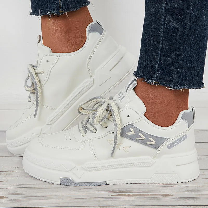 Sohiwoo  Women Lace Up Chunky Sneakers Casual Platform White Shoes