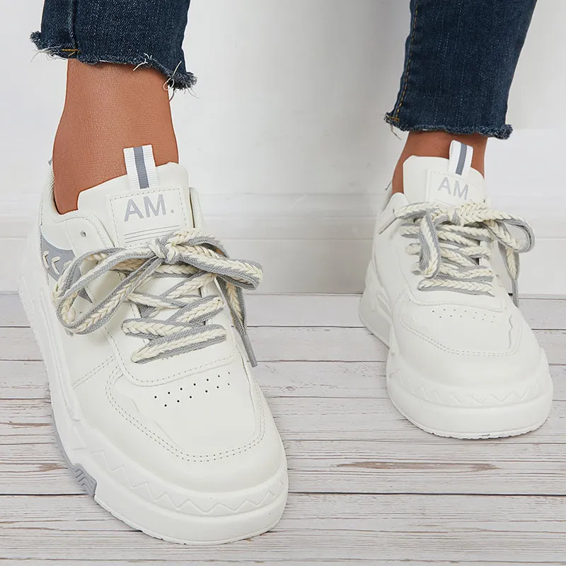 Sohiwoo  Women Lace Up Chunky Sneakers Casual Platform White Shoes