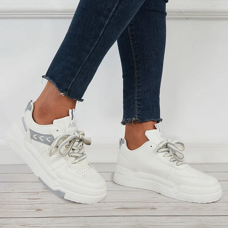 Sohiwoo  Women Lace Up Chunky Sneakers Casual Platform White Shoes