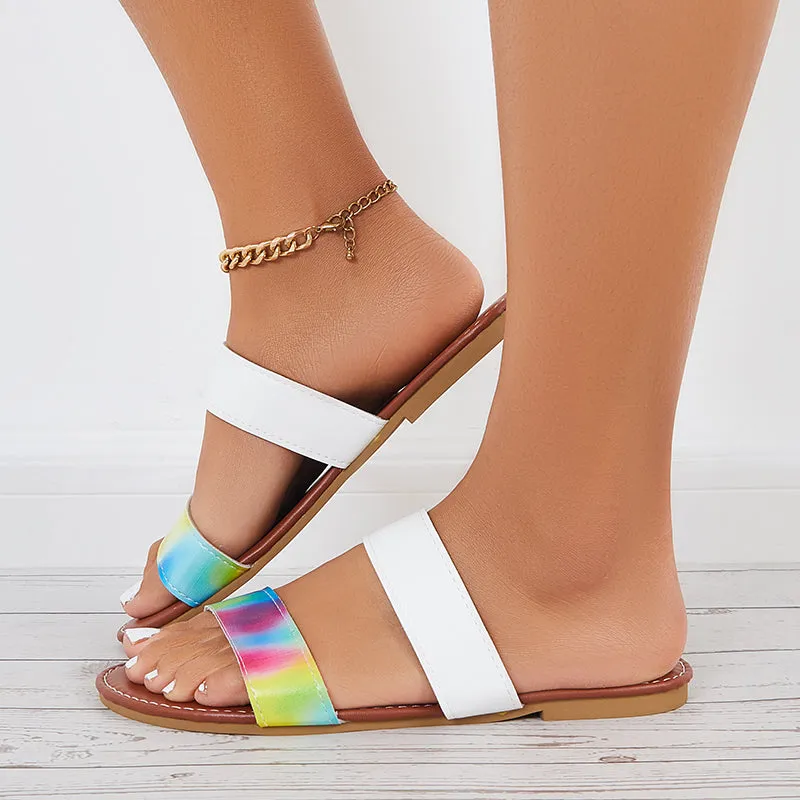 Sohiwoo Women Women Flat Sandals Open Toe Slides Multicolor Straps Slippers