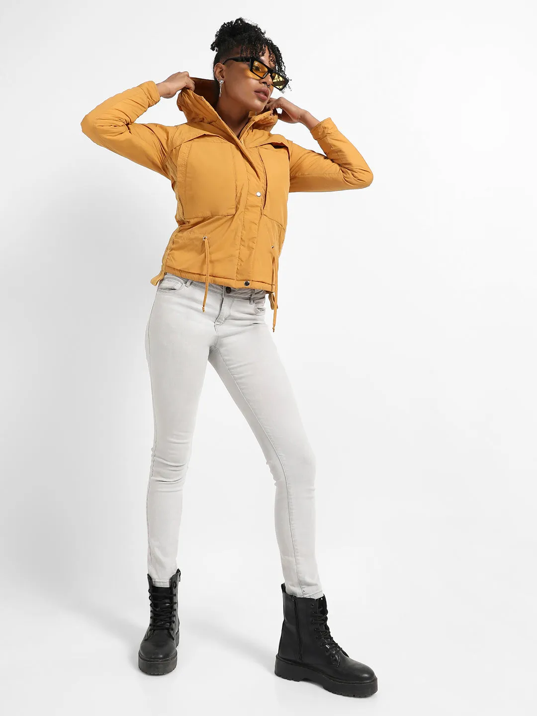 Solid Puffer Jacket With Tie-Up Details