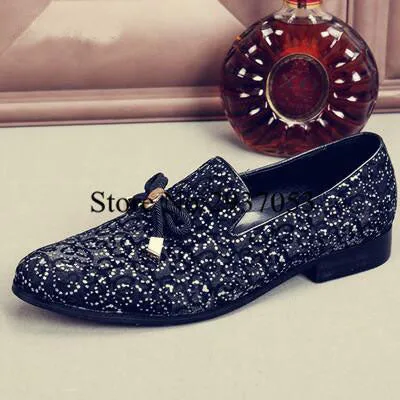 Top Quality Men Shoes Luxury Wine Red Rhinestone Studded Men Loafers Bow Knot High Quality Men Loafers Wedding Flat Dress