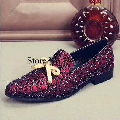 Top Quality Men Shoes Luxury Wine Red Rhinestone Studded Men Loafers Bow Knot High Quality Men Loafers Wedding Flat Dress