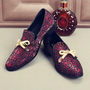 Top Quality Men Shoes Luxury Wine Red Rhinestone Studded Men Loafers Bow Knot High Quality Men Loafers Wedding Flat Dress