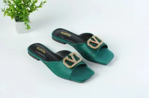 VLOGO RHINESTONE BUCKLE FLAT SANDALS - GREEN