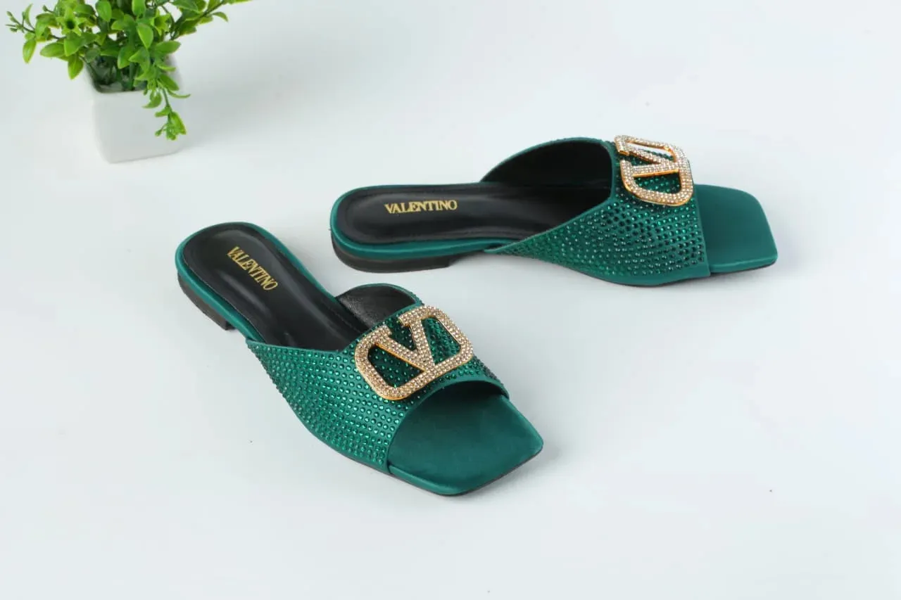 VLOGO RHINESTONE BUCKLE FLAT SANDALS - GREEN