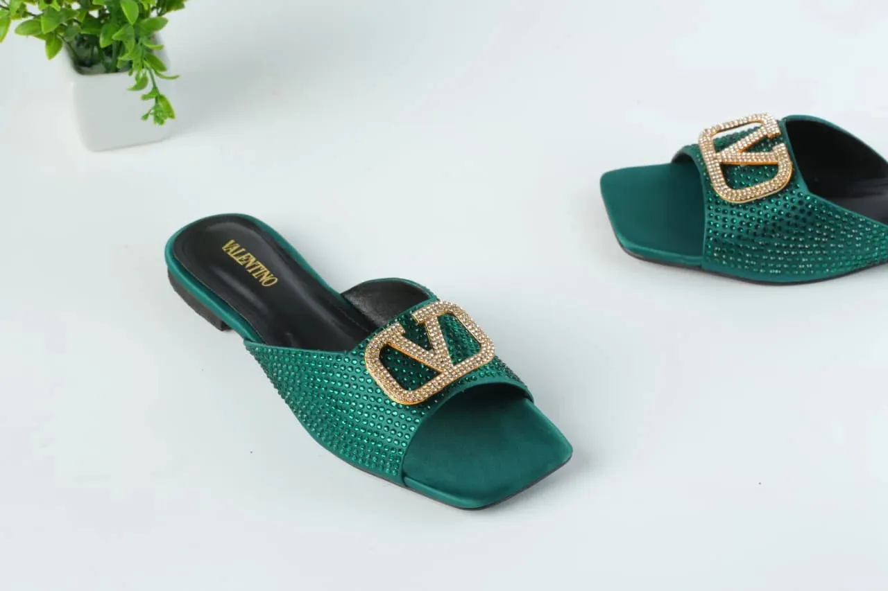 VLOGO RHINESTONE BUCKLE FLAT SANDALS - GREEN