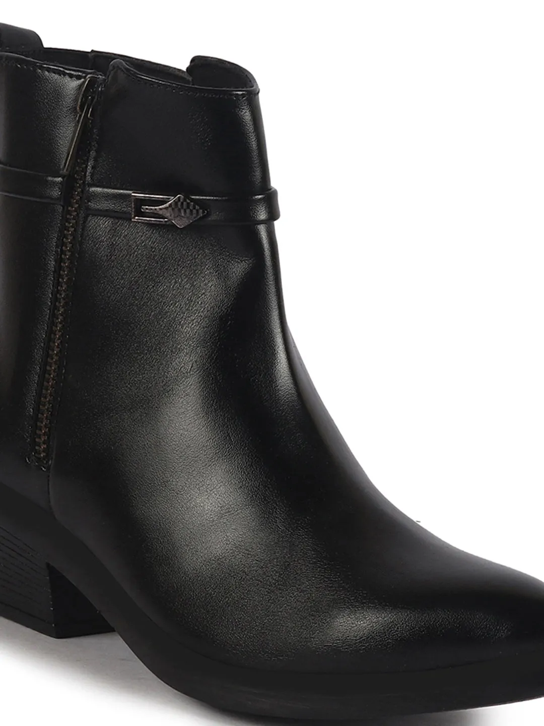 Women Black Mid Ankle Flared Heel Side Zipper Winter Boots|Dress Boot|Office Boot