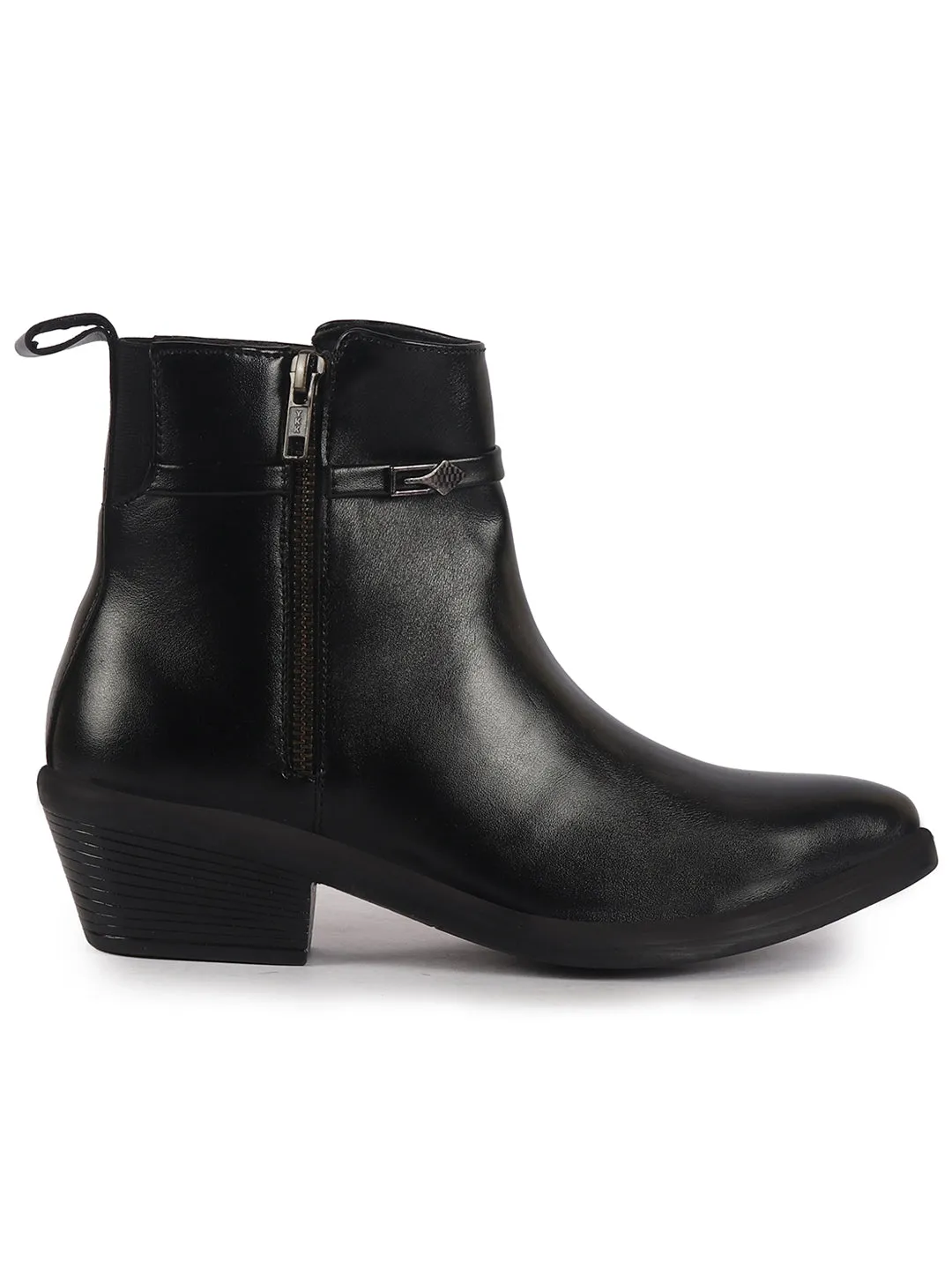 Women Black Mid Ankle Flared Heel Side Zipper Winter Boots|Dress Boot|Office Boot