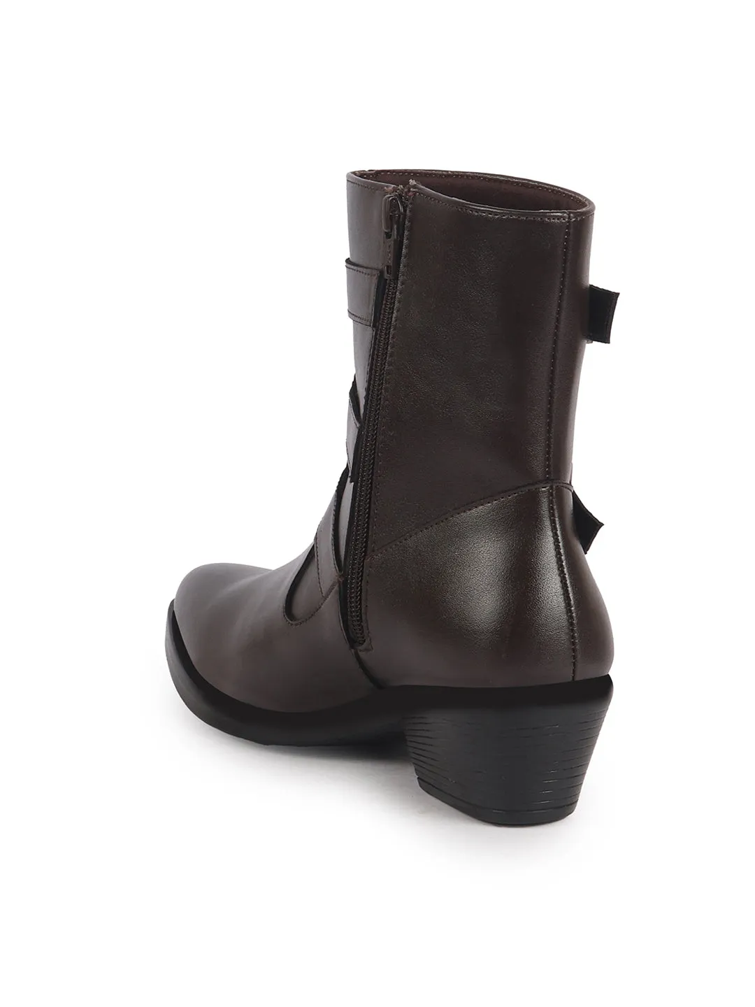 Women Brown High Ankle Flared Heel Multi Adjustable Buckle Strap Size Zipper Closure Boots for Winter|Outing|Dress Boot