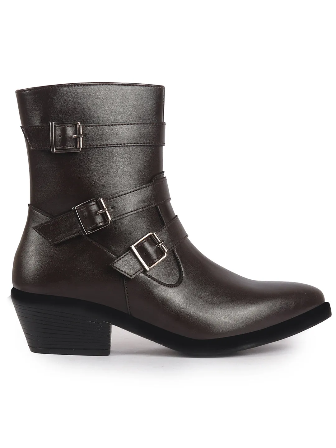Women Brown High Ankle Flared Heel Multi Adjustable Buckle Strap Size Zipper Closure Boots for Winter|Outing|Dress Boot