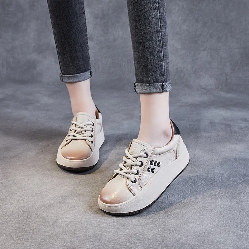 Women Casual Lace Up Cowhide Thick Soled Shoes