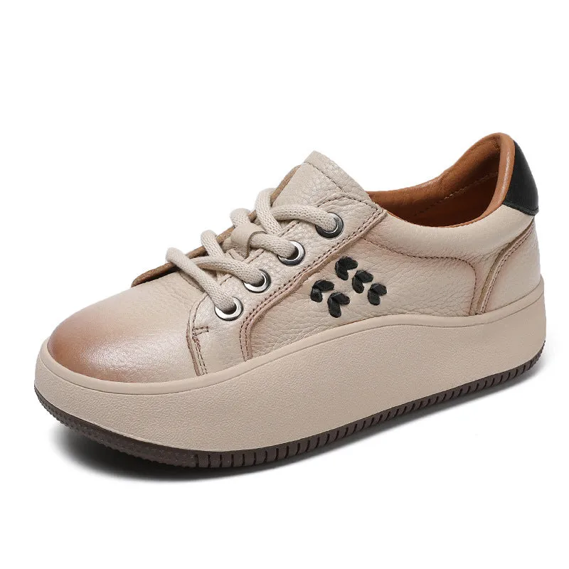 Women Casual Lace Up Cowhide Thick Soled Shoes