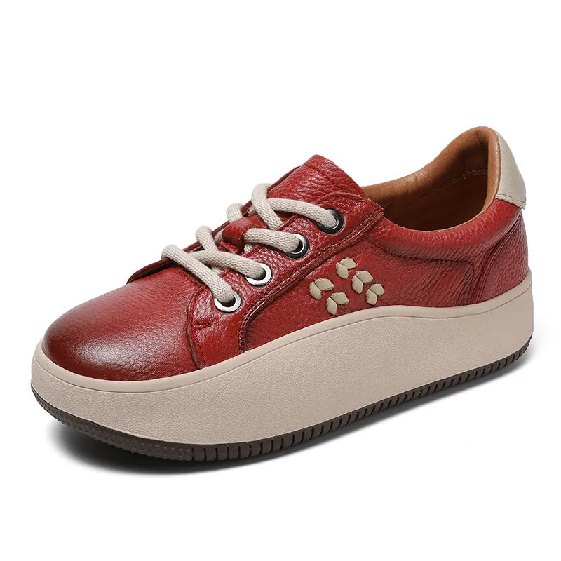 Women Casual Lace Up Cowhide Thick Soled Shoes