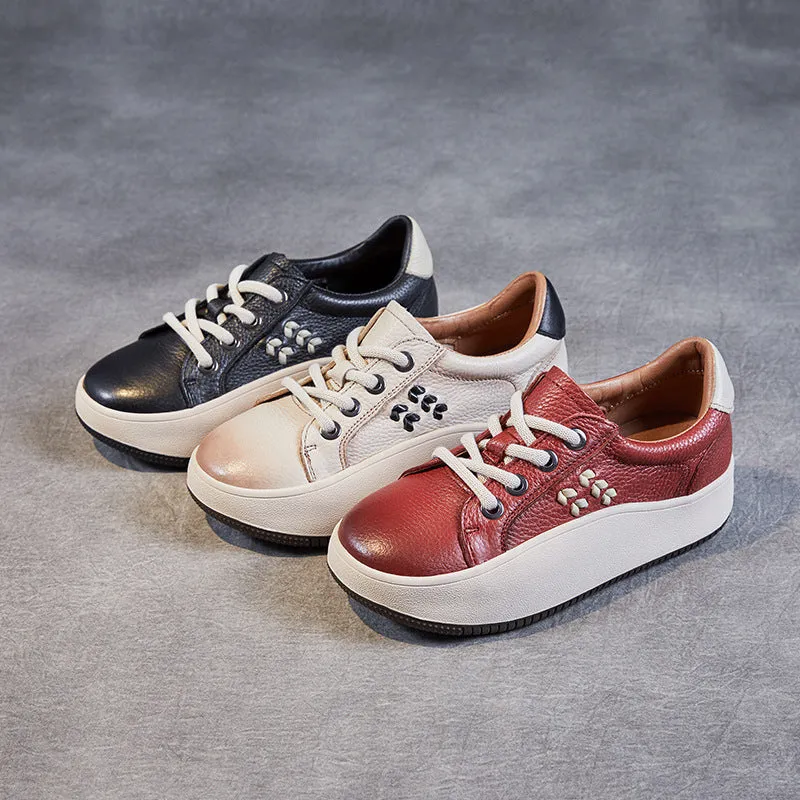 Women Casual Lace Up Cowhide Thick Soled Shoes