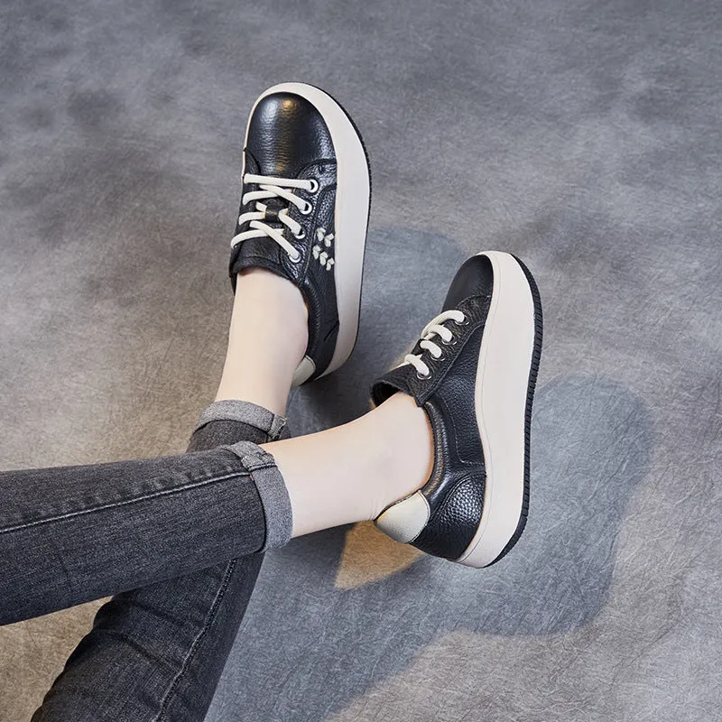 Women Casual Lace Up Cowhide Thick Soled Shoes