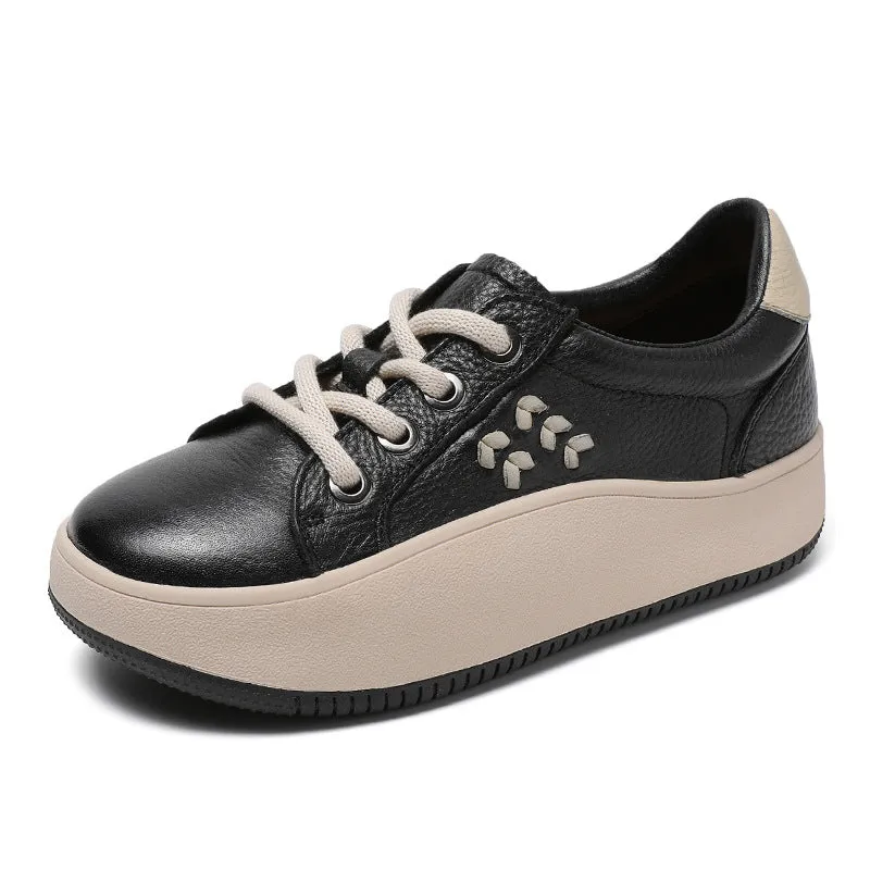 Women Casual Lace Up Cowhide Thick Soled Shoes